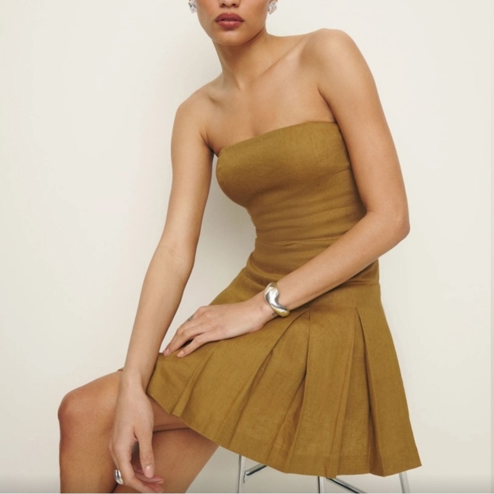 Reformation Isabeli‎ Strapless Drop Waist Pleated Linen Dress women’s Sz 10 NWT